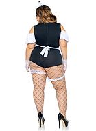 French Maid, Kostüm-Dessous-Body, Rüschenbesatz, Schürze, Cold Shoulder, eingebaute Strumpfbänder, Falten, Plus Size